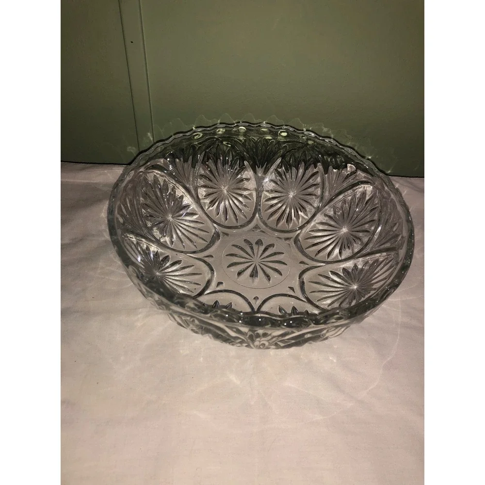 Vintage Clear Pressed Glass Serving Bowl Starburst Thumbprint Scalloped 8 Inch
